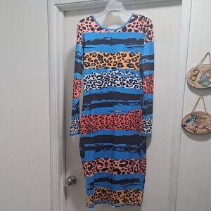 Casual Women Multicolor Leopard Print Patchwork Dress Size L